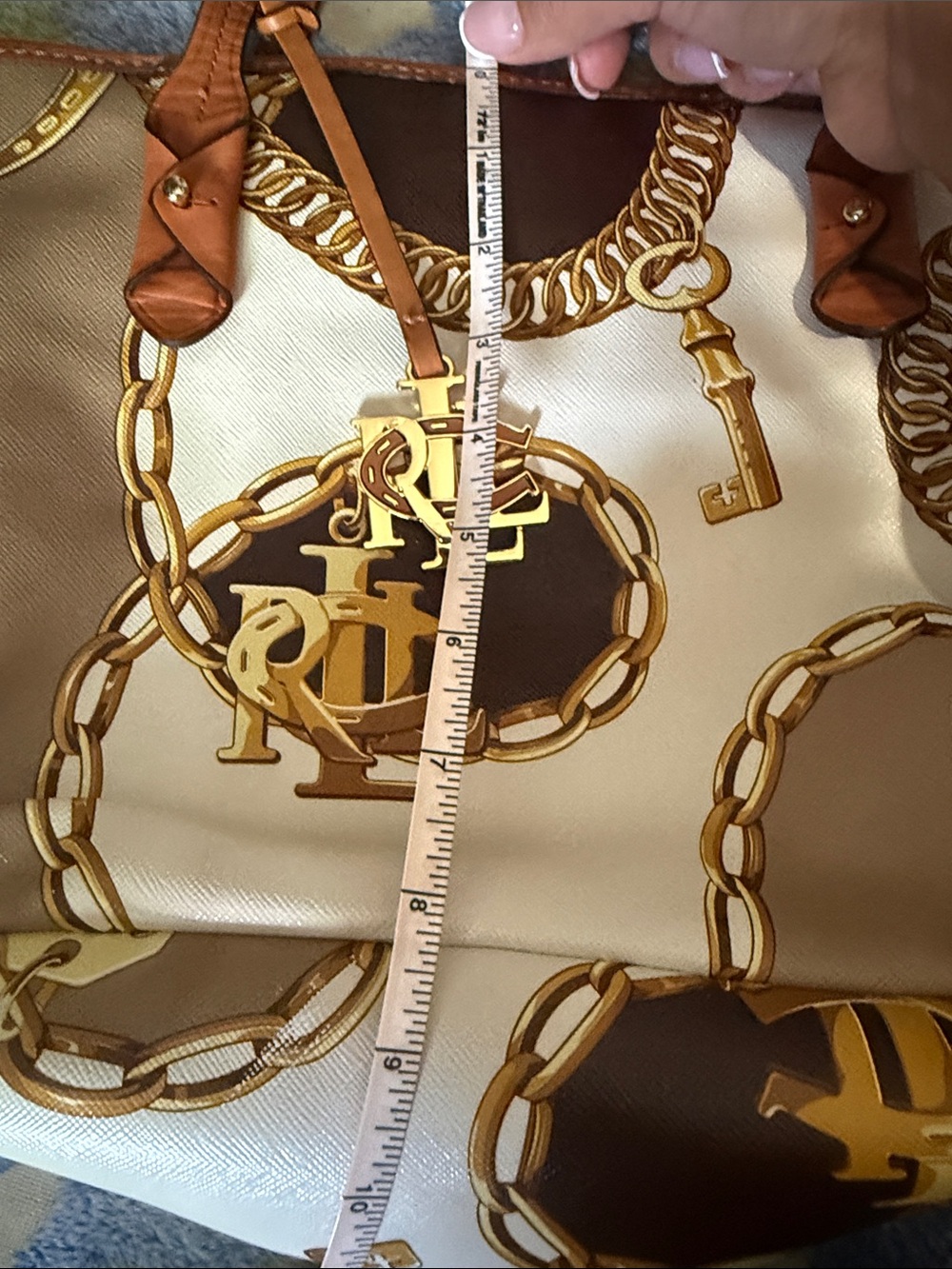 Ralph Lauren Cream Tote with Tan Straps and Gold Chain Print - Picture 7 of 7